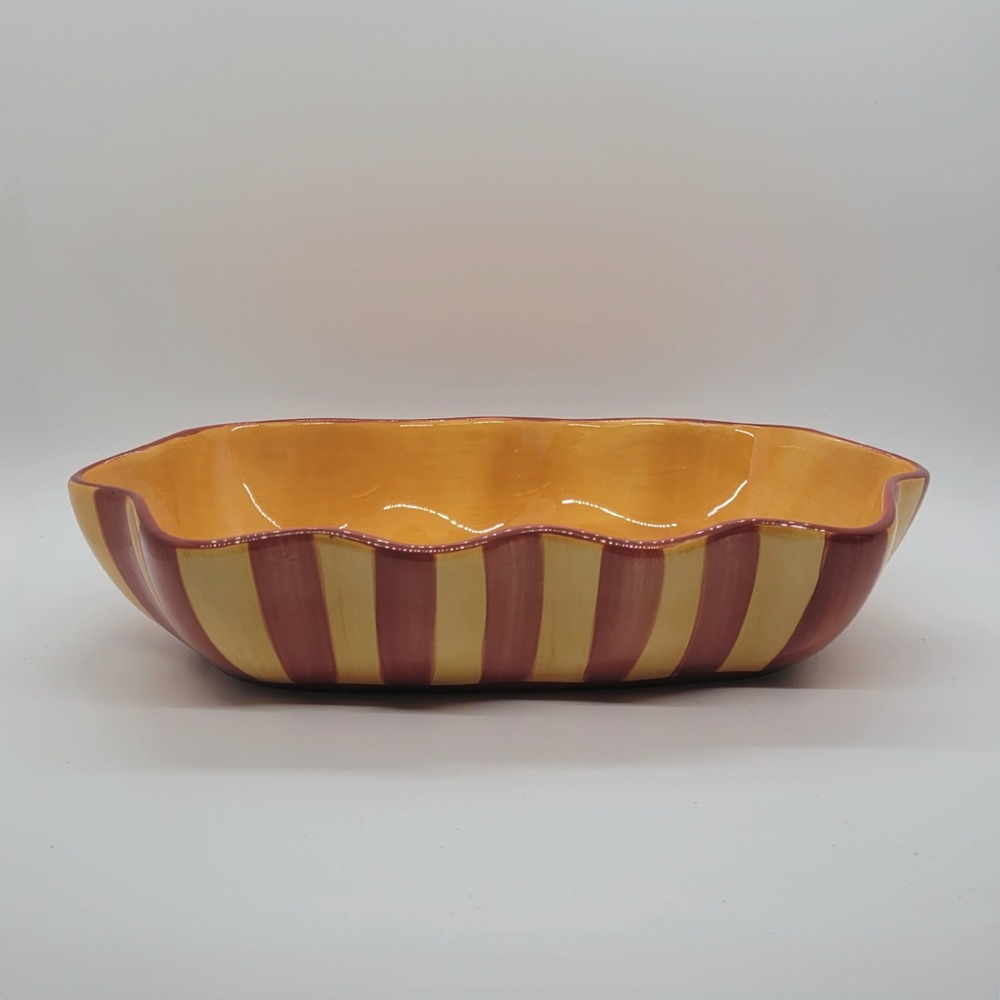 Gail Pittman Hand Painted Siena Ceramic Ruffled Serving Bowl Red Yellow Striped